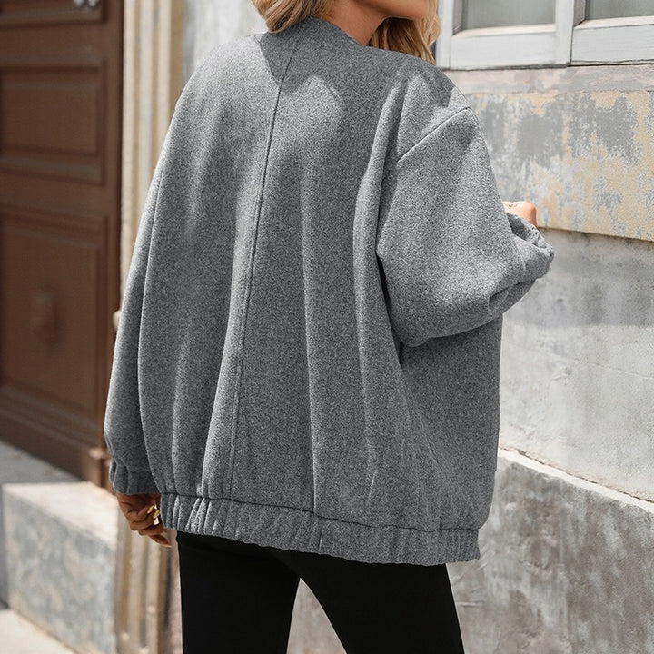 Women Oversize Bomber Jacket with Round Neckline, Snap Button Placket and Patch Pockets Mune Fashion