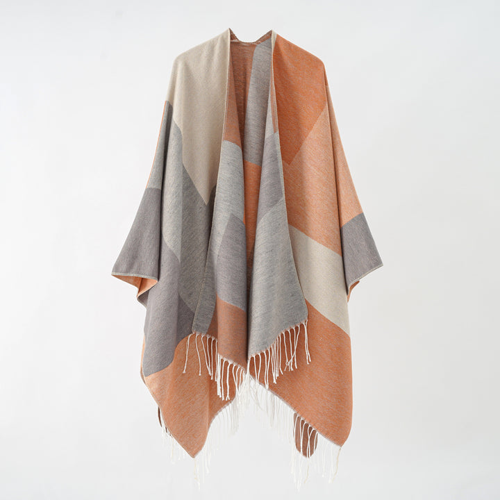 Women's Large Wool Look Poncho with Geometric Block Pattern and Fringe Hem Mune Fashion