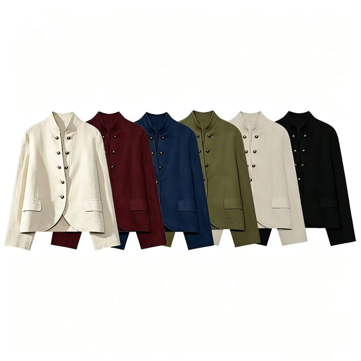 Women Elegant Short Jacket with Standing Collar, Decorative Toggle Buttons and Flap Pockets Drune