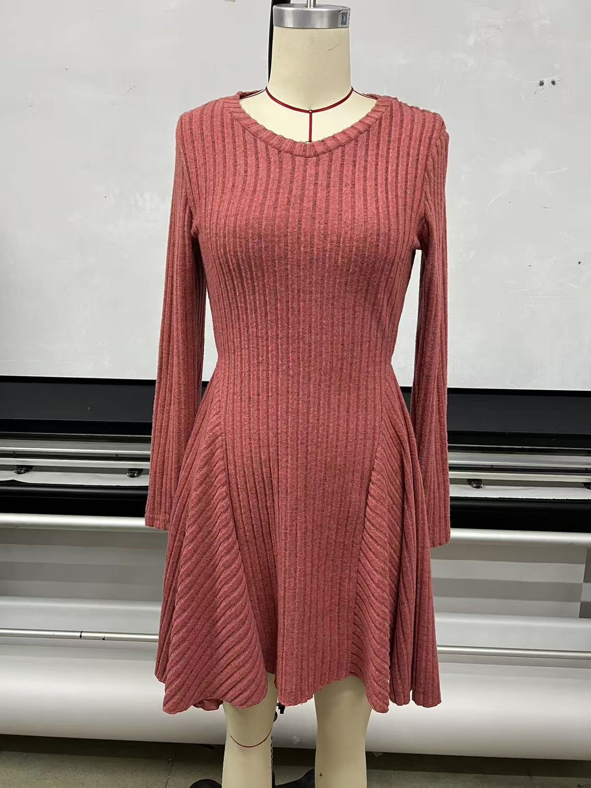 Women's Ribbed V-Neck Mini Dress with Flared Skirt and Patch Pockets Mune Fashion