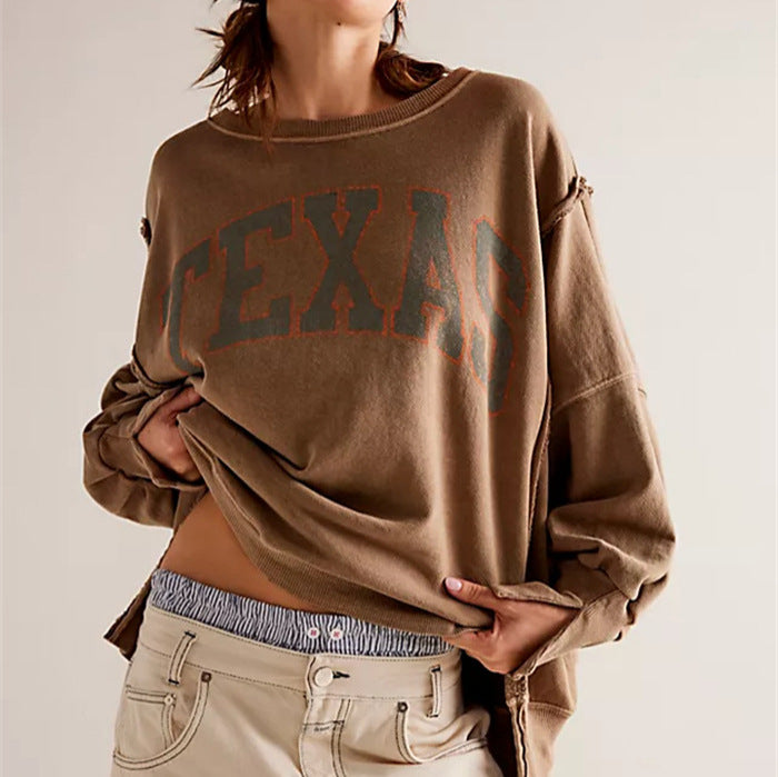 Women oversized sweatshirt with beet print, fringed seam accents and thumbhole sleeves Mune Fashion