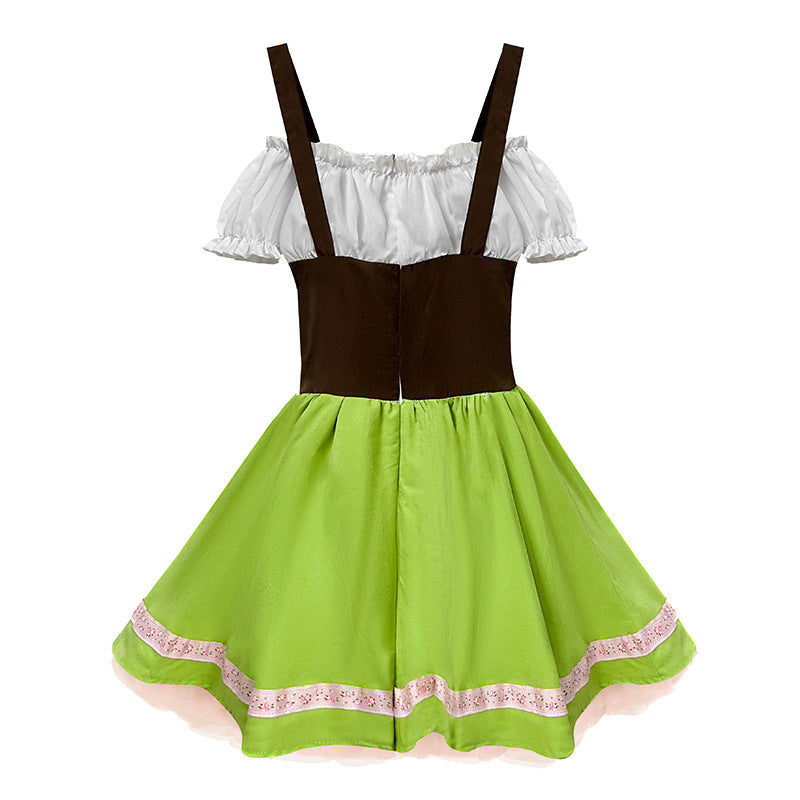 Women's playful traditional dress with Carmen neckline, corset look, straps and frilly apron Mune Fashion