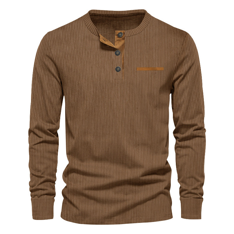 Men's long sleeve Henley with fine rib structure, slim silhouette, and chest piping Mune Fashion