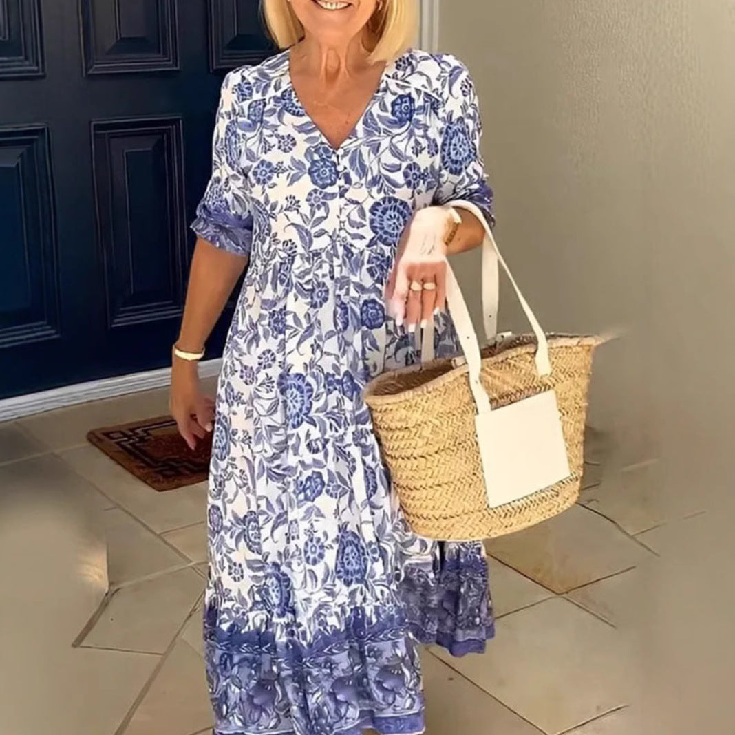 Women's Casual Tiered Midi Dress with V-Neck, Gathered Yoke and Ruffled Hem Mune Fashion