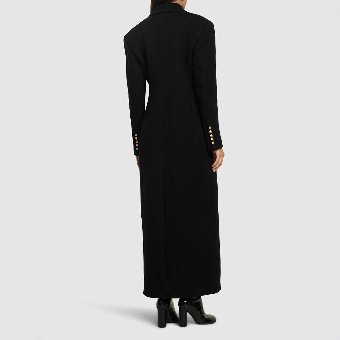 Women’s Maxi Coat Dress with Distinctive Shoulder Part and Golden Decorative Buttons Mune Fashion