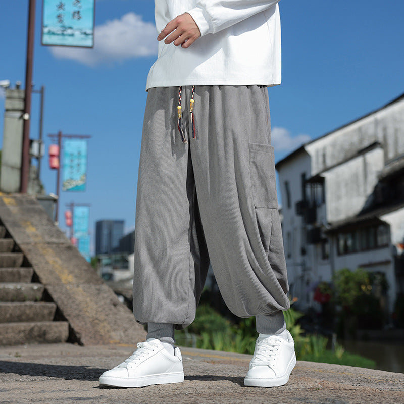 Men's Wide-Fit Harem Jogging Pants made of Fine Cord with Decorative Tassel Drawstring Mune Fashion