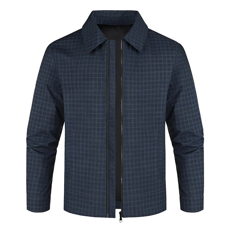 Men's Lightweight Checked Overshirt Jacket with Concealed Two-Way Zipper and Shirt Collar Mune Fashion