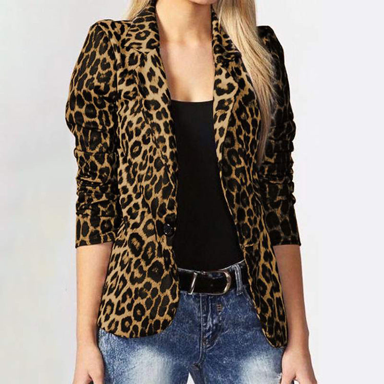 Women Elegant Leopard Pattern Blazer Jacket with Tailored Cut Mune