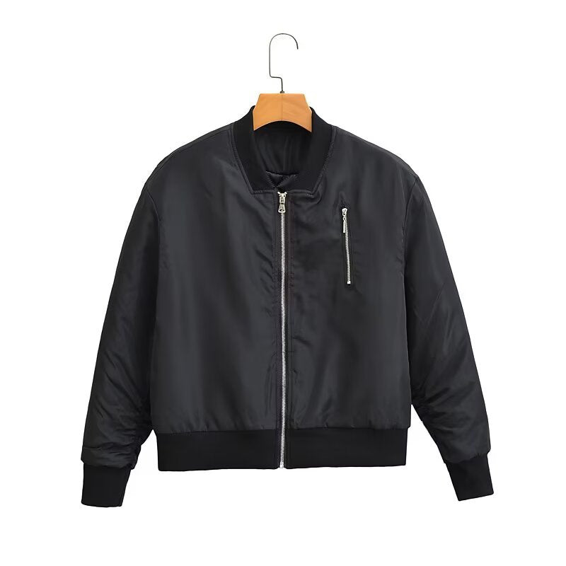 Women short cut nylon bomber jacket with shiny surface, padded lining and metal zipper Mune Fashion