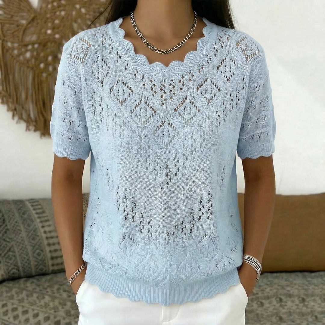 Women's short-sleeved lace knit sweater with openwork pattern and curved neckline Mune Fashion