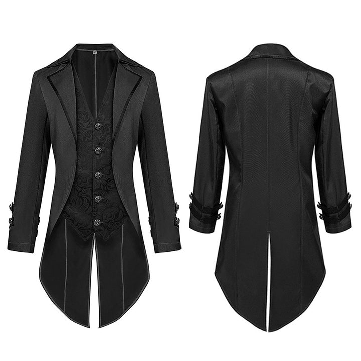 Men's nano baroque velvet tailcoat with gold-embroidered back appliqué and decorative brocade trim.