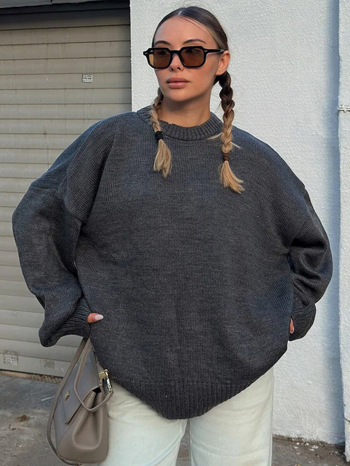 Women's Oversized Fine Knit Sweater with Round Neck & Extended Cuffs Mune Fashion