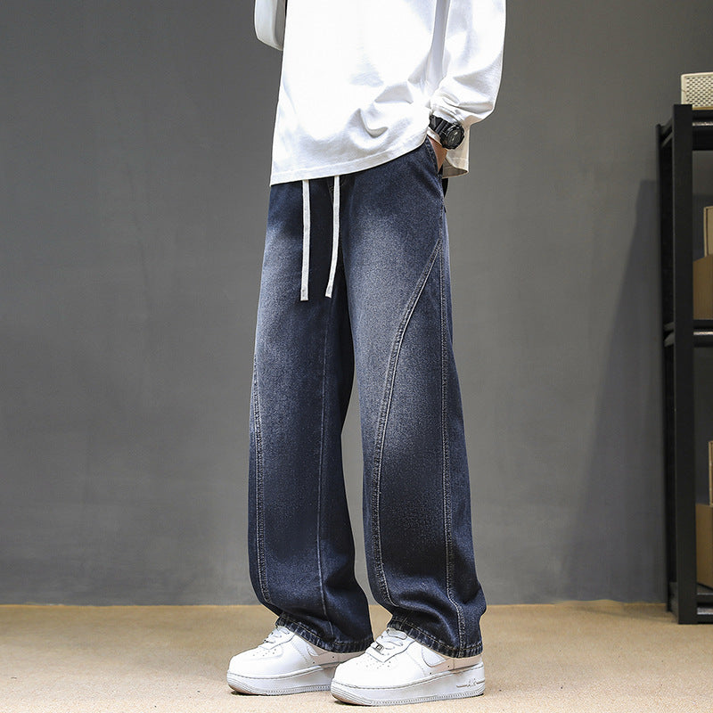 Men's Wide Denim Baggy Jeans with Drawstring Waist, Deep Crotch and Prominent Decorative Stitching Mune Fashion