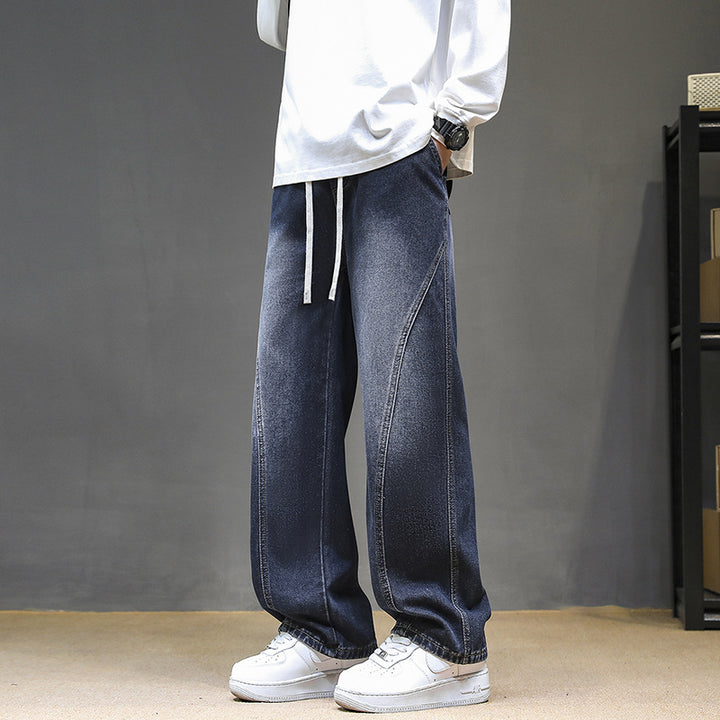 Men's Wide Denim Baggy Jeans with Drawstring Waist, Deep Crotch and Prominent Decorative Stitching Mune Fashion