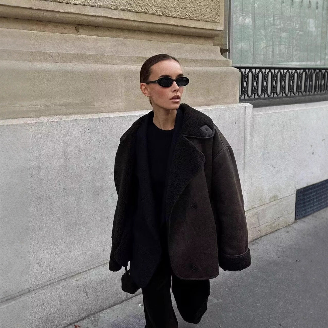 Women's Boxy Short Jacket made of Faux Suede with Teddy Collar and Concealed Button Placket Mune Fashion
