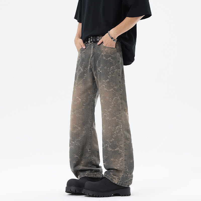 Men's Wide Cut Vintage Denim Pants in Baggy Look with Marble Wash and Low Crotch Mune Fashion