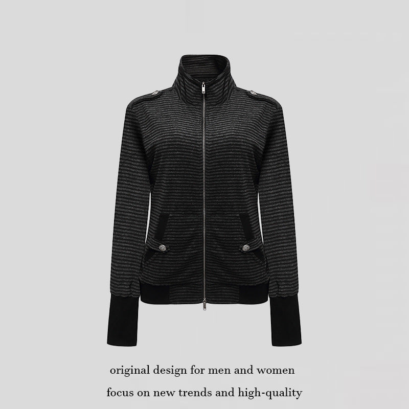 Women's Striped Zip Jacket with Stand Collar, Shoulder Flap Detail and Extended Cuffs Mune Fashion