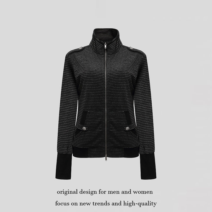 Women's Striped Zip Jacket with Stand Collar, Shoulder Flap Detail and Extended Cuffs Mune Fashion