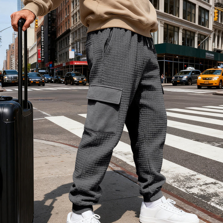 Men's Textured Cargo Jogging Pants with Drawstring, Snap Flap Pockets and Ribbed Cuffs Mune Fashion