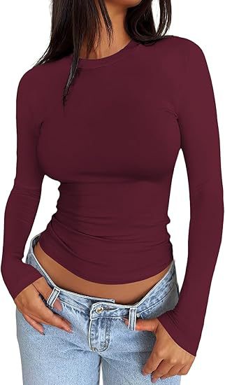 Ladies Body-hugging Long Sleeve Shirt in Cropped Look with Extended Sleeves and Thumb Hole Mune Fashion