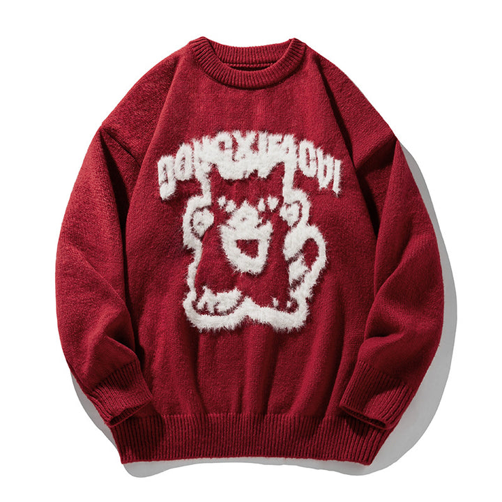 Unisex Oversize Knit Sweater with Three-Dimensional Fluffy Cat Motif and Ribbed Hem Mune Fashion