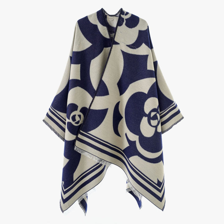 Women's coarse woven jacquard wrap with large ornamental pattern and decorative fringes Mune Fashion