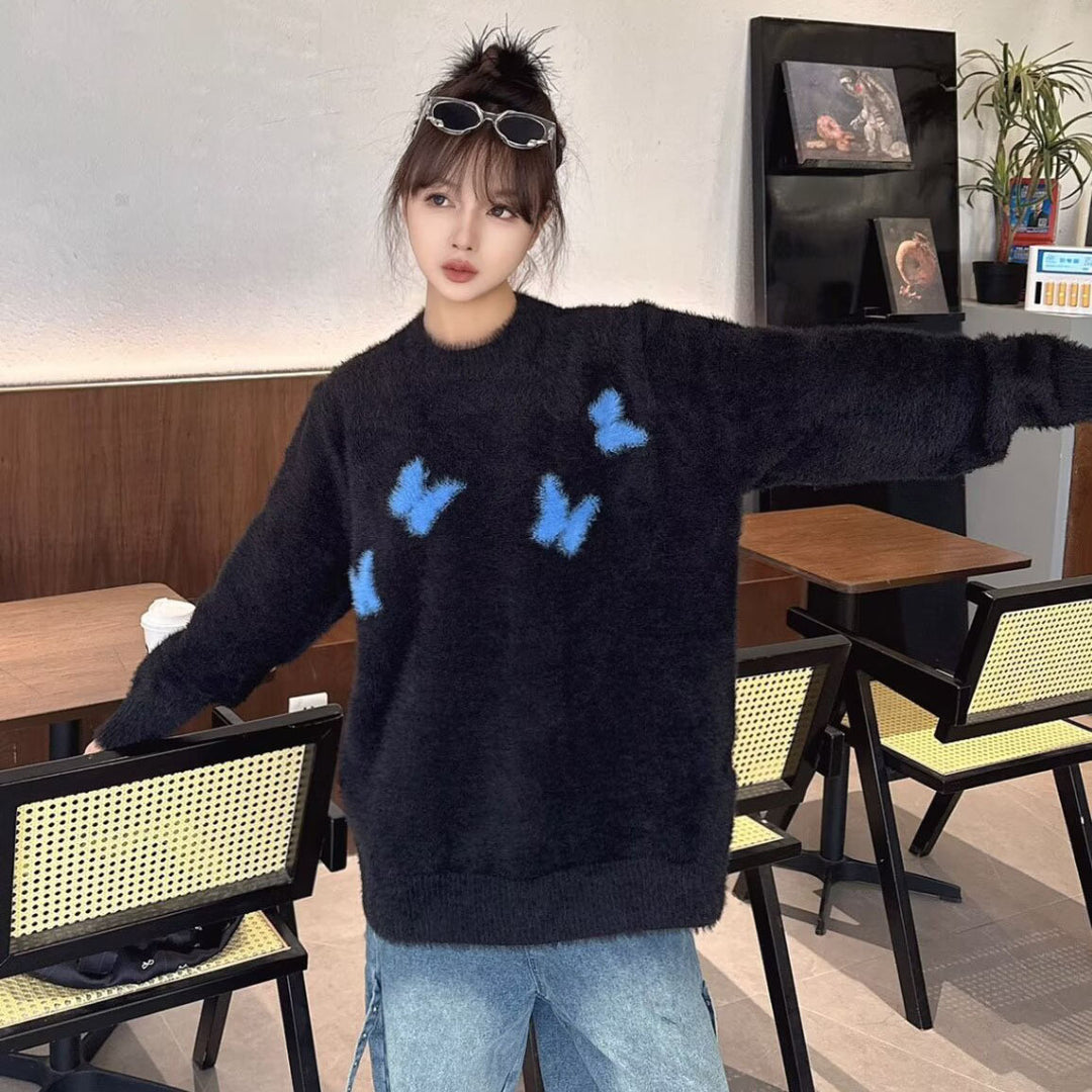 Women's Soft Sweater with Flocked Butterfly Design Mune Fashion