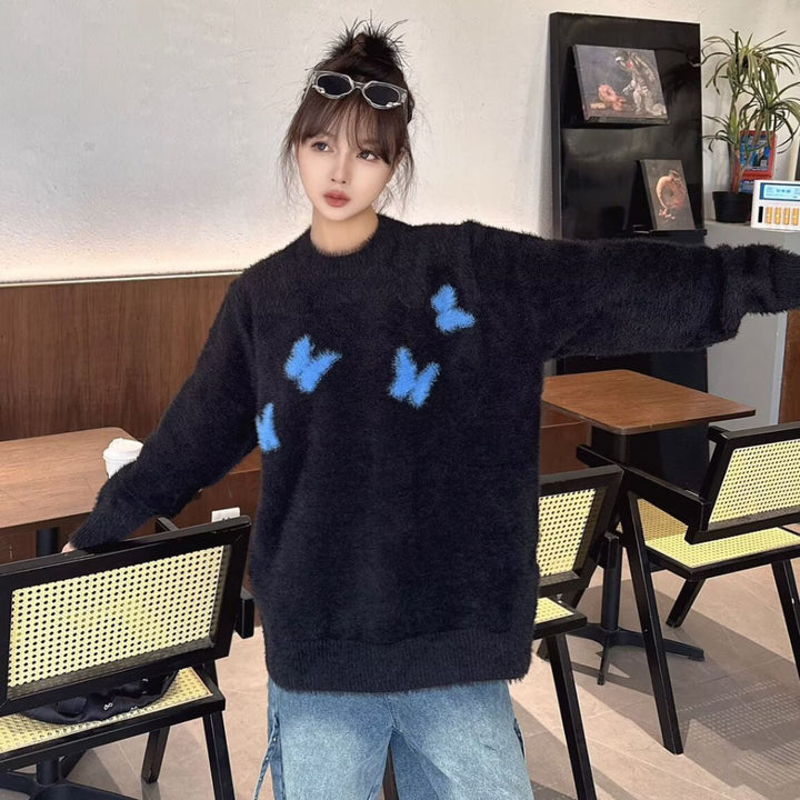 Women's Soft Sweater with Flocked Butterfly Design Mune Fashion