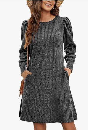 Women's knitted A-line knit dress with puff sleeves Mune Fashion