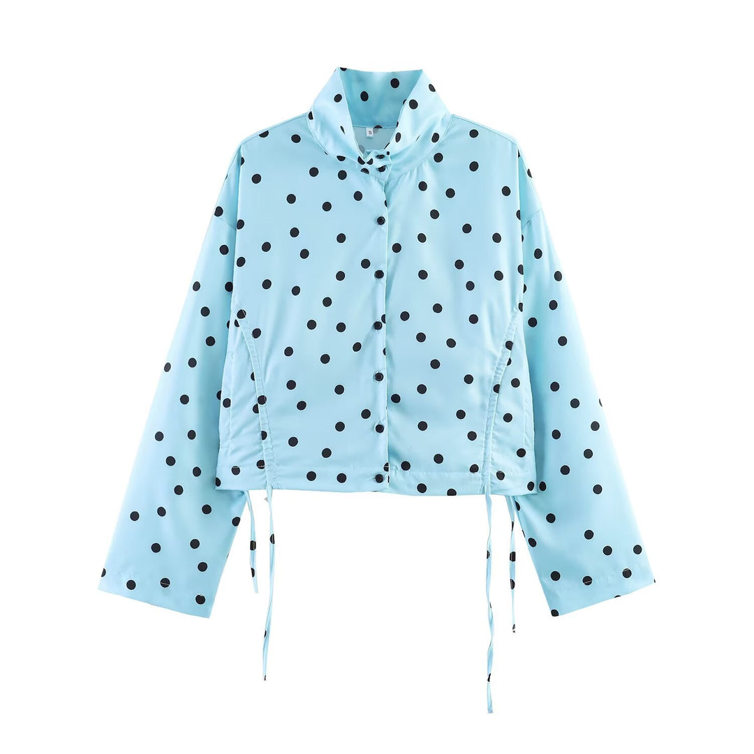 Ladies short cut dotted rain jacket with stand-up collar, snap button placket and drawstring Mune Fashion