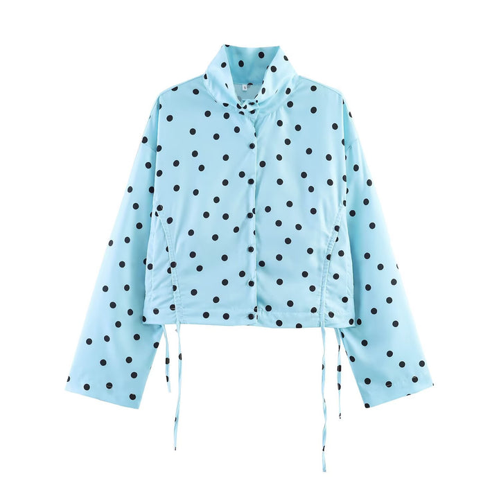 Ladies short cut dotted rain jacket with stand-up collar, snap button placket and drawstring Mune Fashion