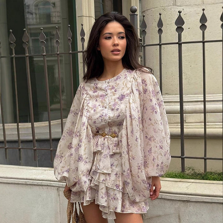 Ladies Chiffon Mini Dress with Ruffled Layers, Balloon Sleeves and Decorative Belt Mune Fashion