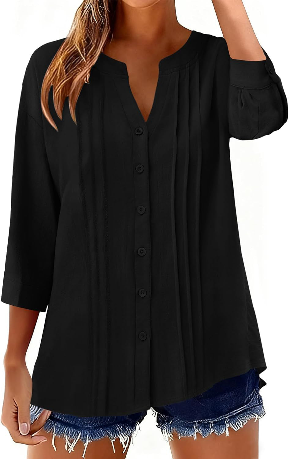 Women Loose Tunic Shirt with Pleats and Three-Quarter Sleeves Mune Fashion
