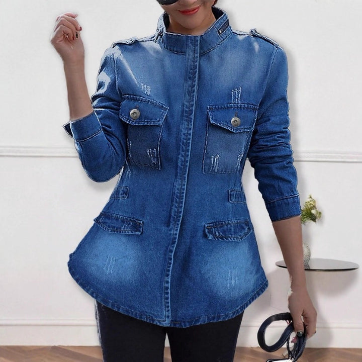 Women tailored denim jacket with stand-up collar, four flap pockets and slightly flared hem Mune Fashion