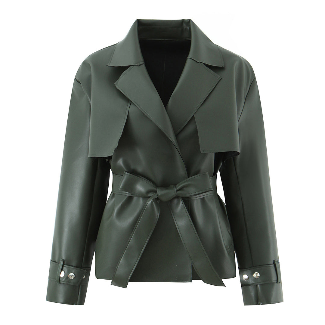 Women Tailored Short Trench Coat made of vegan leather look with tie belt and cape detail Mune Fashion