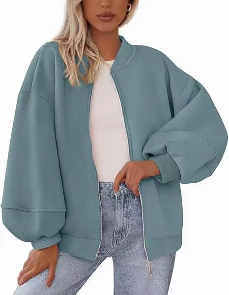 Women's Oversize Bomber Jacket with Balloon Sleeves and Zipper