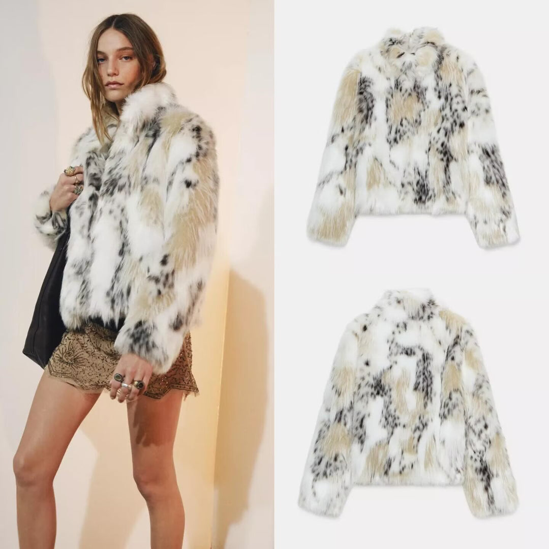 Women's short faux fur jacket in patchwork look with high stand-up collar Mune Fashion