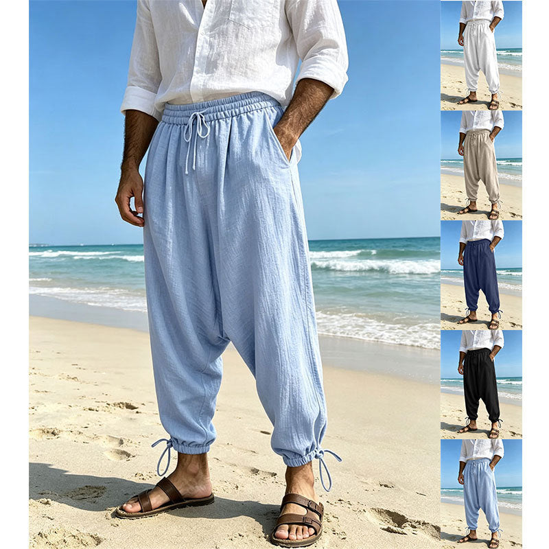 Men's Loose Linen Harem Pants with Elastic Waistband and Adjustable Ankle Cuffs Mune Fashion