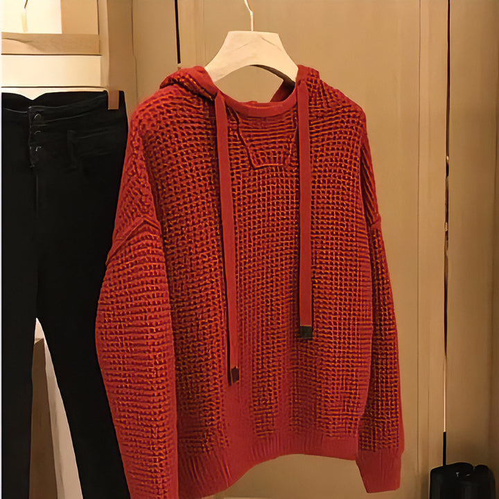 Women's coarse knitted hoodie with waffle texture and drawstring Mune Fashion