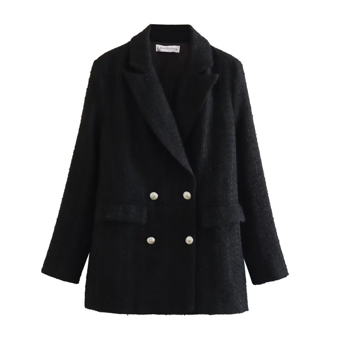 Women's Double-Breasted Boucle Tweed Blazer with Shawl Collar and Flap Pockets Mune Fashion