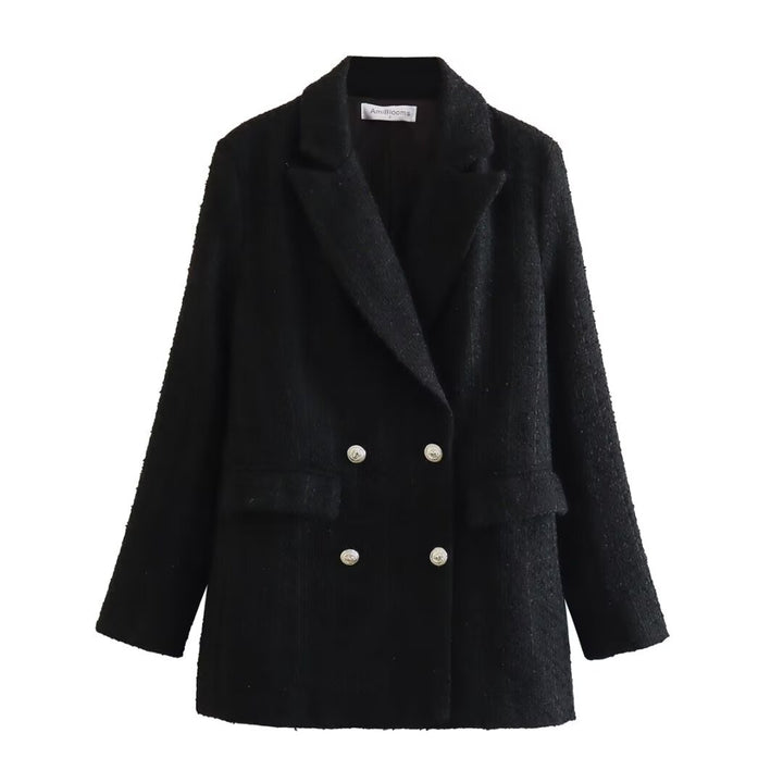 Women's Double-Breasted Boucle Tweed Blazer with Shawl Collar and Flap Pockets Mune Fashion