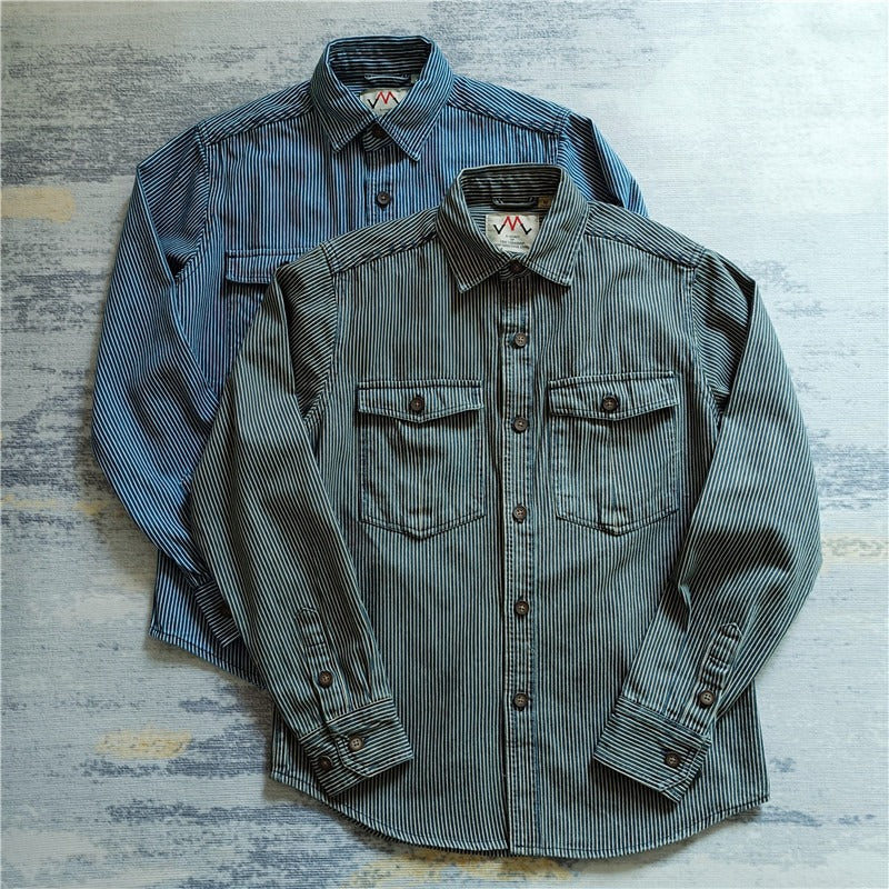 Men's Striped Cotton Worker Shirt with Patch Chest Pockets and Full Button Placket Mune Fashion