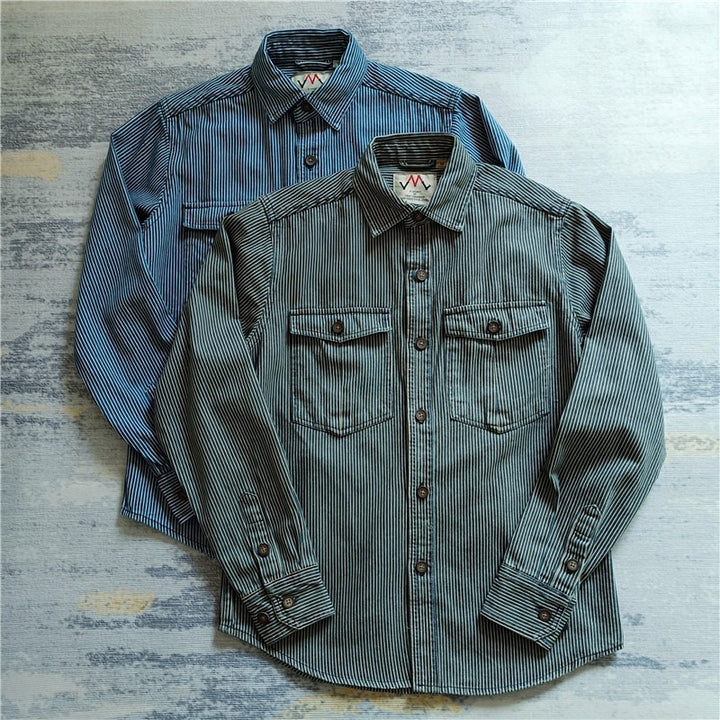 Men's Striped Cotton Worker Shirt with Patch Chest Pockets and Full Button Placket Mune Fashion