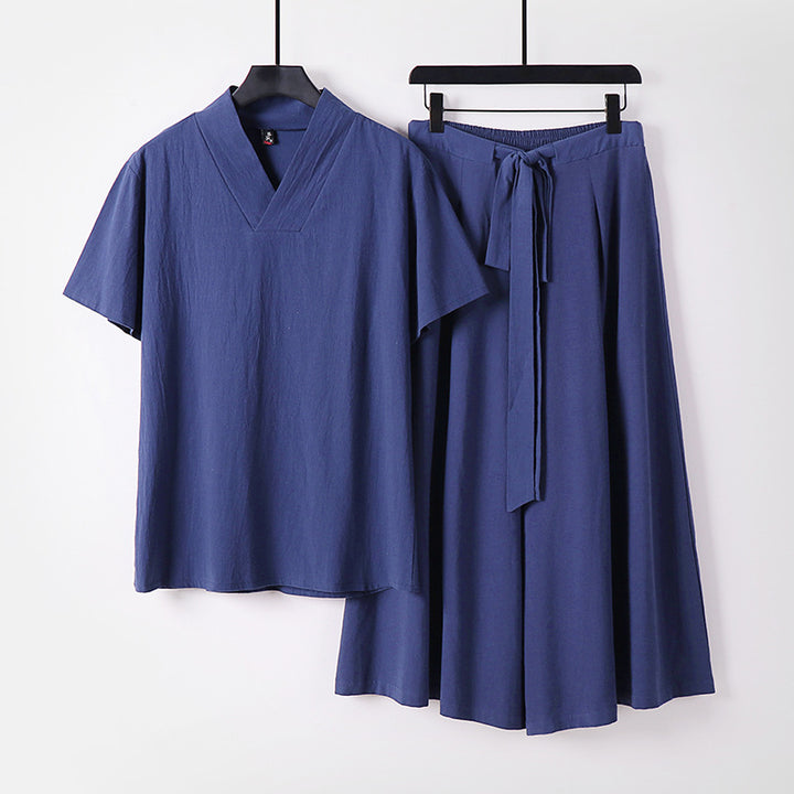 Women's Lightweight Loungewear Set with V-Neck Shirt and Flowing Midi Skirt with Drawstring Mune Fashion