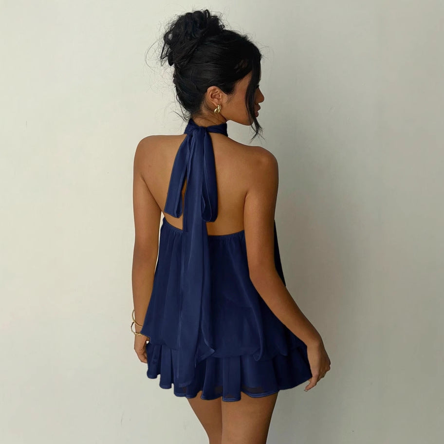 Ladies Sleeveless Chiffon Playsuit with High Stand Collar, Ruched Top and Tiered Shorts Mune Fashion