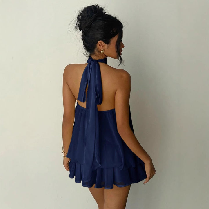 Ladies Sleeveless Chiffon Playsuit with High Stand Collar, Ruched Top and Tiered Shorts Mune Fashion