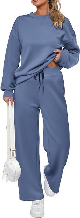 Women's two-piece French terry lounge set with oversized round neck pullover and wide high waist jogger Mune Fashion