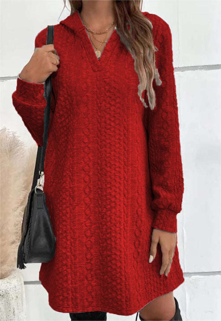 Women's Casual Textured Hoodie Knit Dress in Tunic Cut Mune Fashion