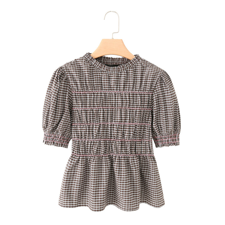 Women's Checked Smock Tunic Top with Ruffle Waist and Puff Sleeves Mune Fashion