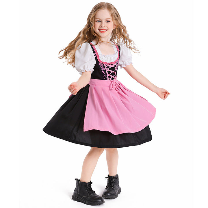 Ladies traditional Dirndl dress with laced bodice, puff sleeves and removable apron Mune Fashion